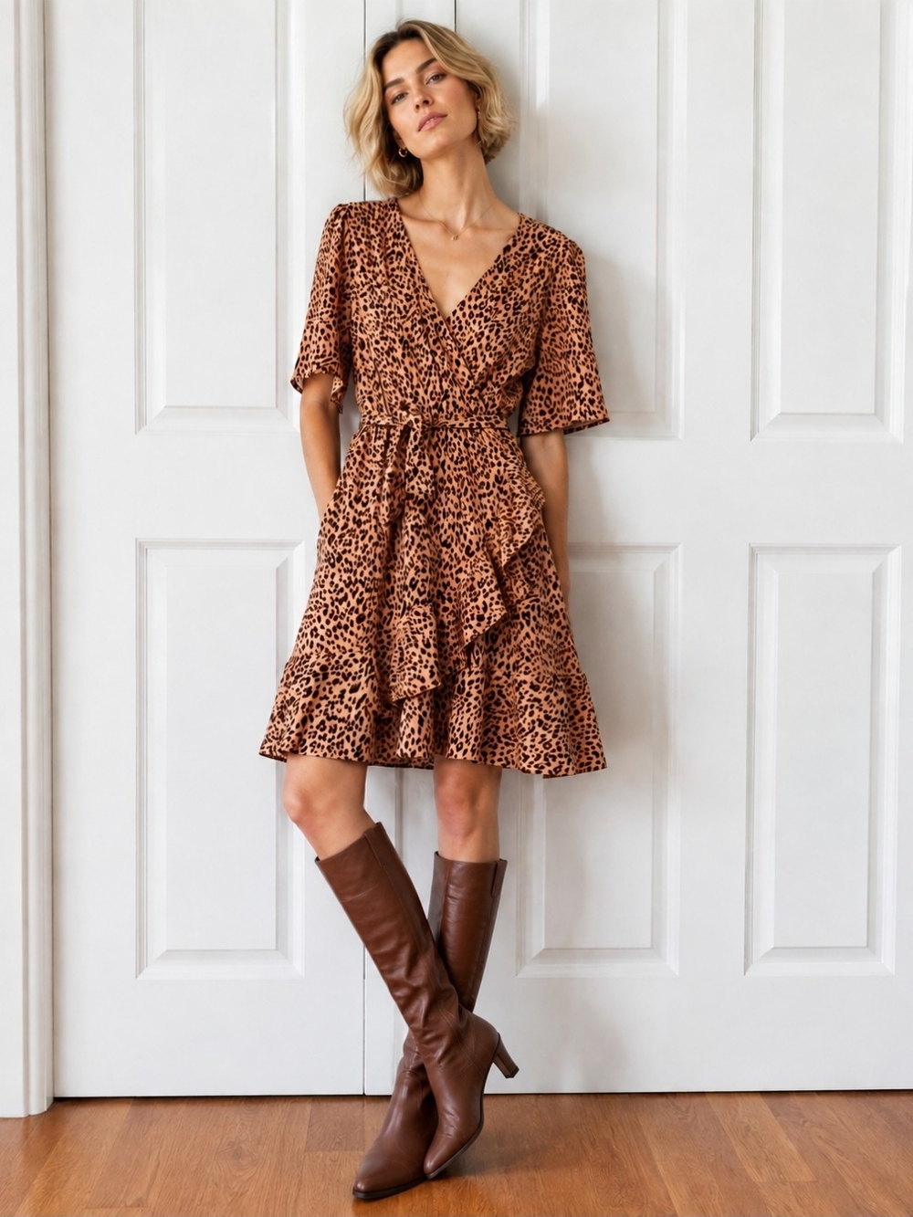 Mi Ami Leopard Print Wrap Dress L Blush Pink Brown Ruffle Belted
